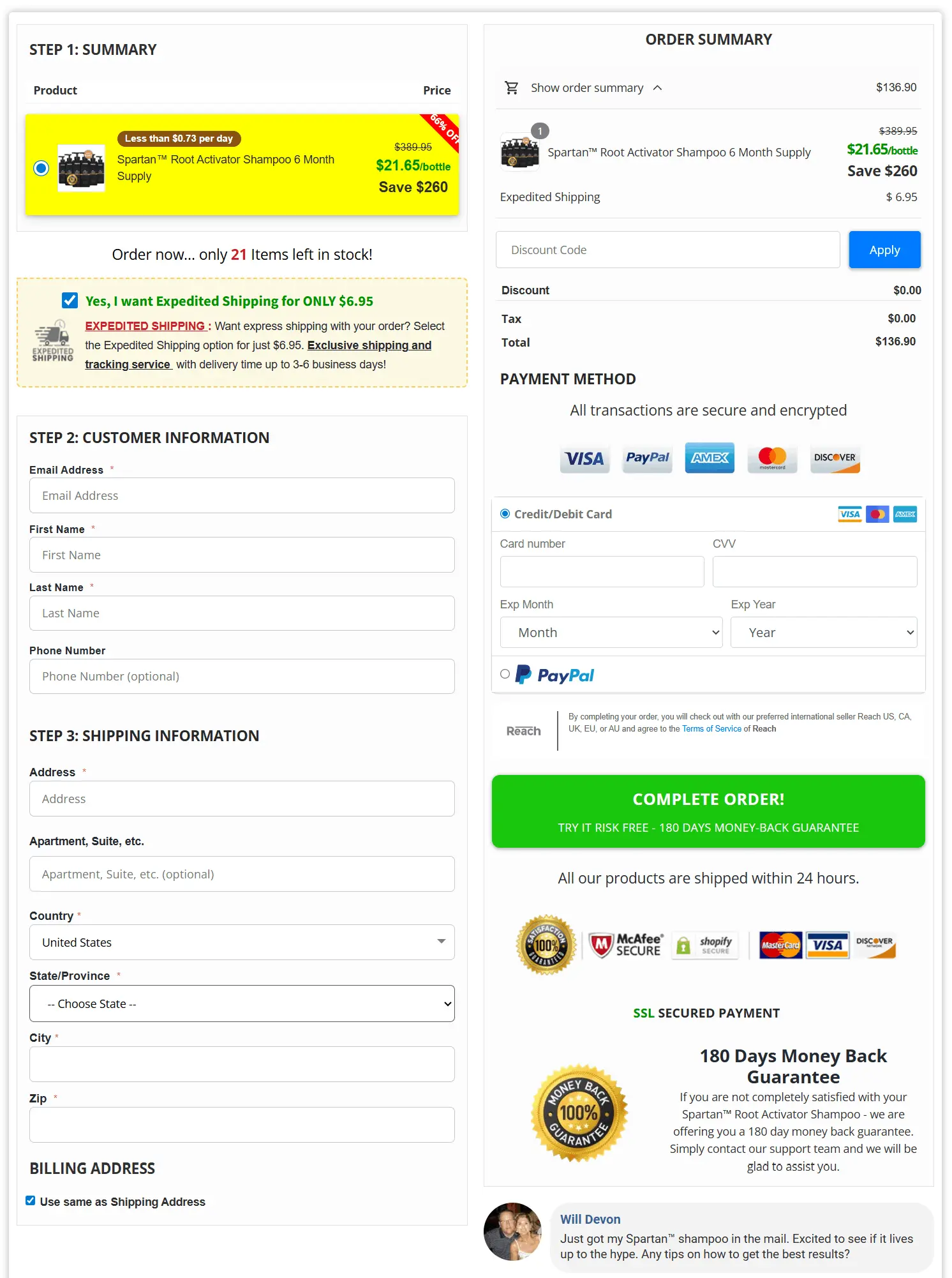 Spartan Root Activator Shampoo secure checkout page